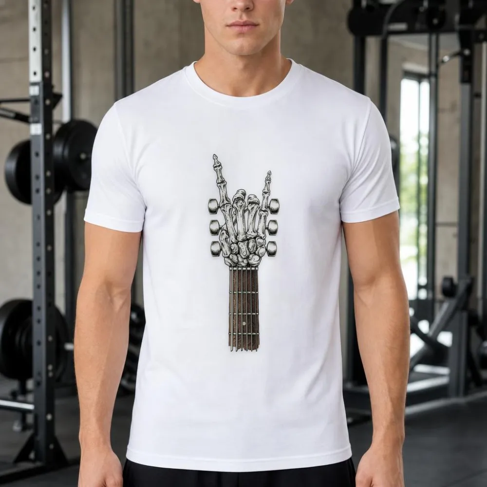 Graphic Tee Men Skeleton Hand Guitar Headstock Rock Music Short Sleeve Casual Streetwear Festival Top