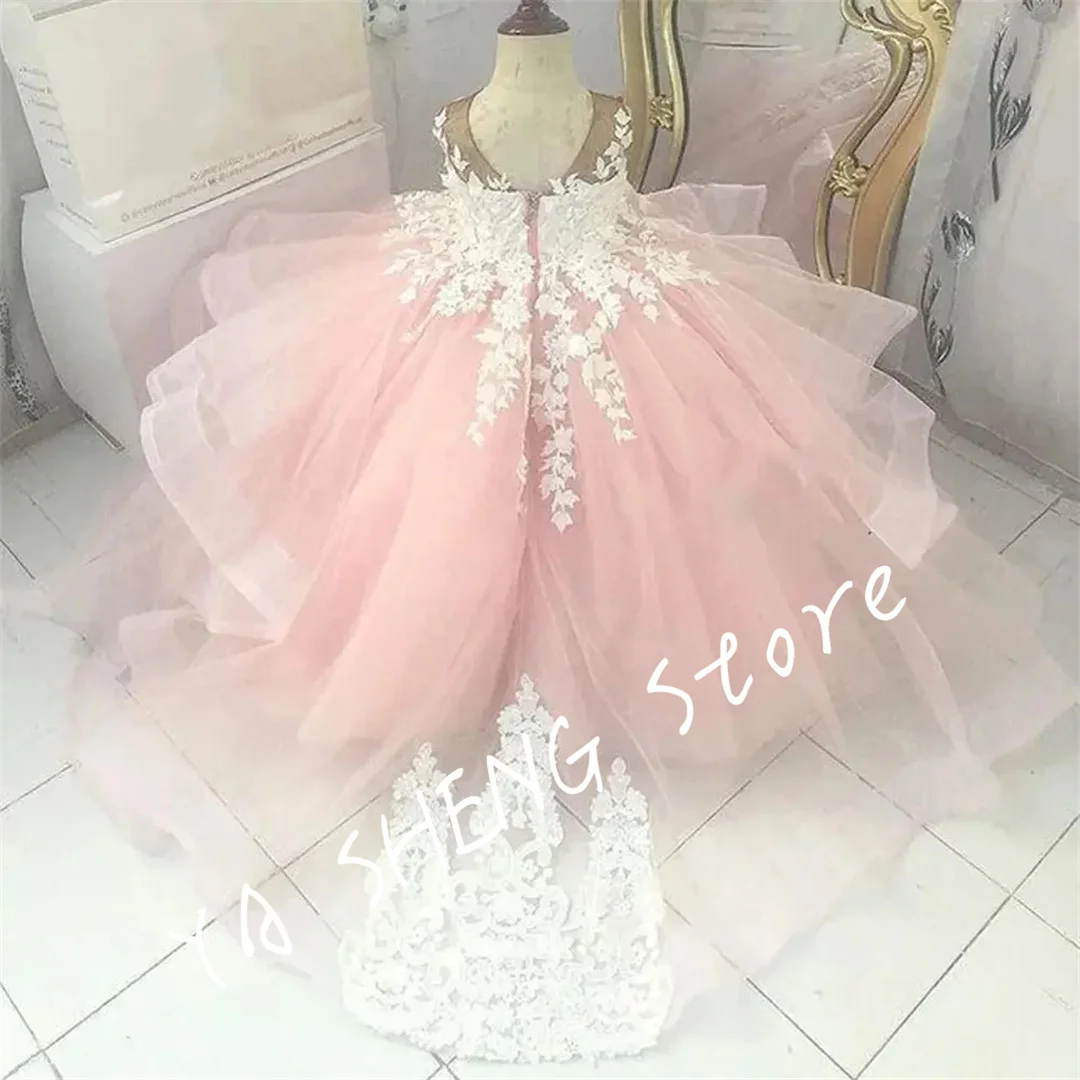 Lace  Flower Girl Dresses Sheer Neck Tiers Ball Gown Little Girl Wedding Dresses Cheap Communion Pageant Dresses Gowns