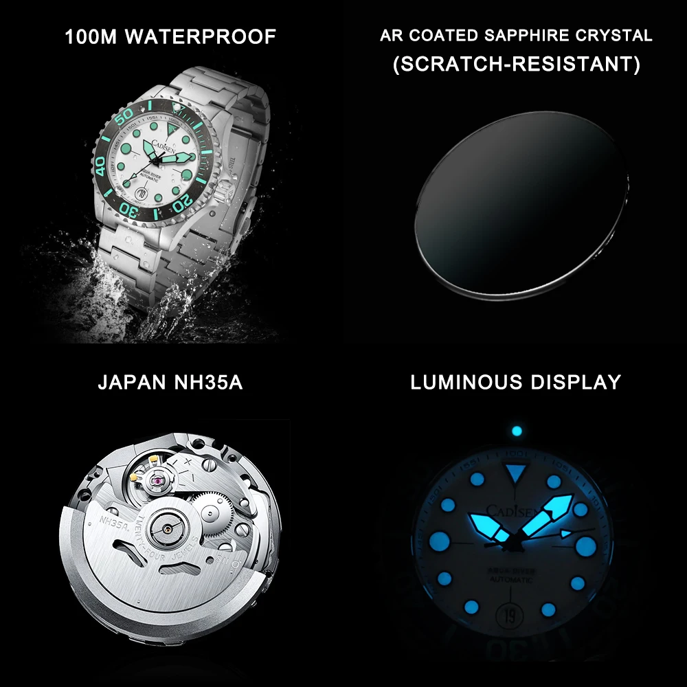 Cadisen Watch For Men NH35 Automatic Mechanical 40 mm Sapphire Super Luminous Business Dress WristWatch 100m Waterproof Watch