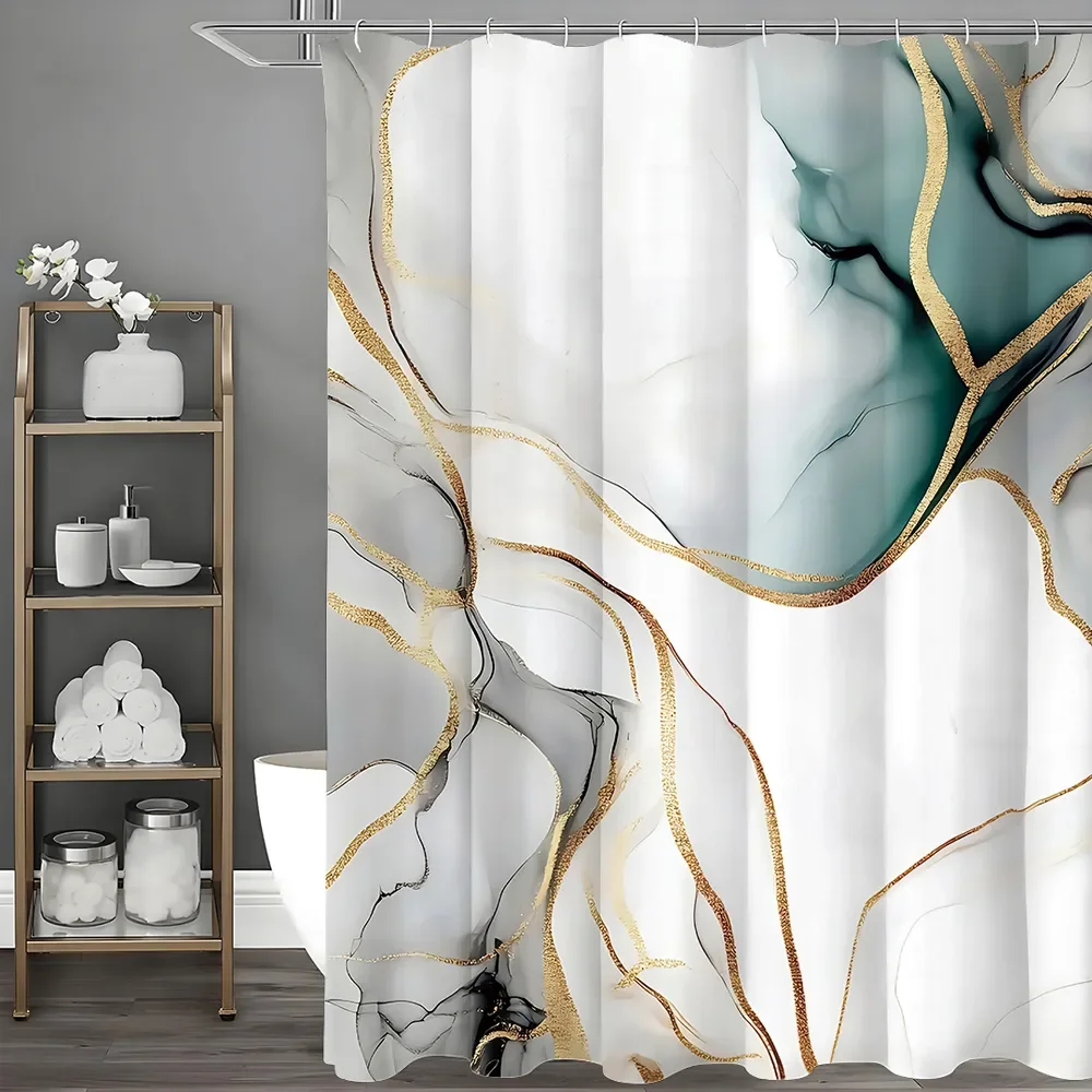 Abstract Marble Shower Curtain Teal Green Gold Fluid Bath Curtain Waterproof Fabric Luxury Bathroom Decor with Hooks
