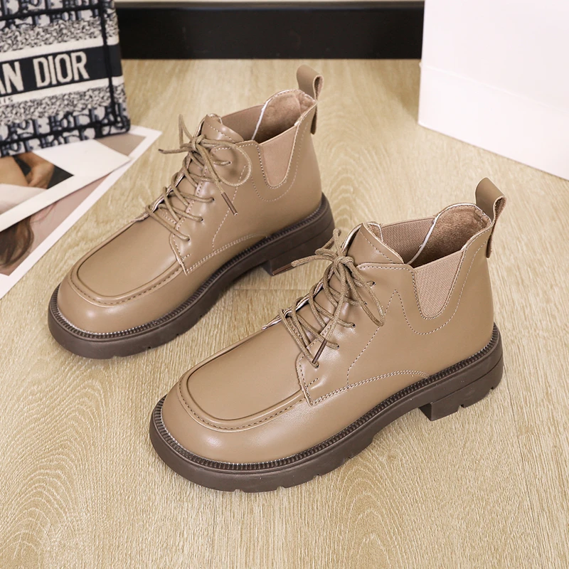 Pmwrun Female British Style 2022 Autumn Fashion Retro Wild Foreign Style Small Explosion Student Round Head Lace-up Ankle Boots