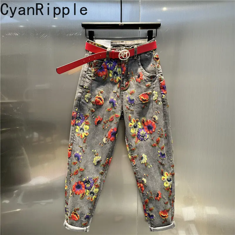 2026 New Spring Autumn Smoke Gray Floral Printed Denim Carrot Pants All-match Women High Waist Stretch Casual Harem Jeans