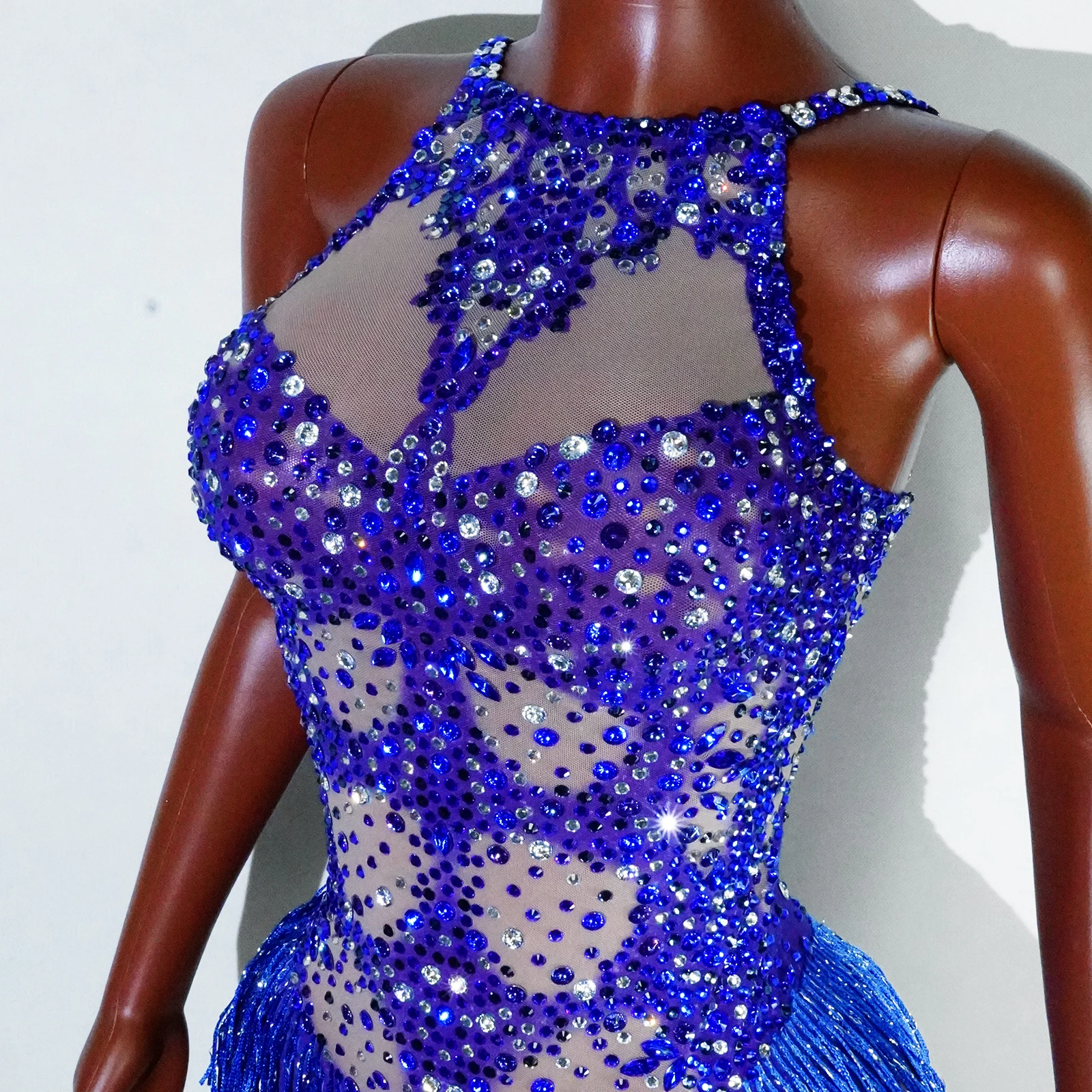 Синее женское сексуальное платье со стразами и открытой спиной, высокое эластичное цельное платье для вечеринки, дня рождения, ночного клуба, певицы, танцовщицы и номера