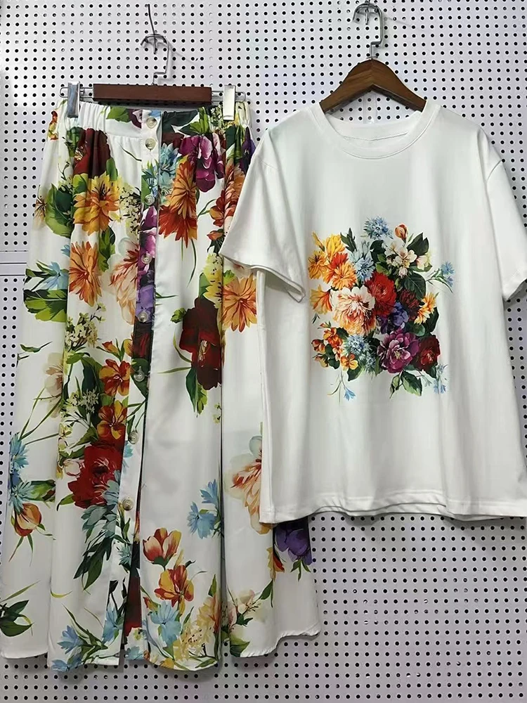 Vintage printed knitted T-shirt two-piece set for 2026 summer women's clothing+elastic waist single breasted loose skirt set