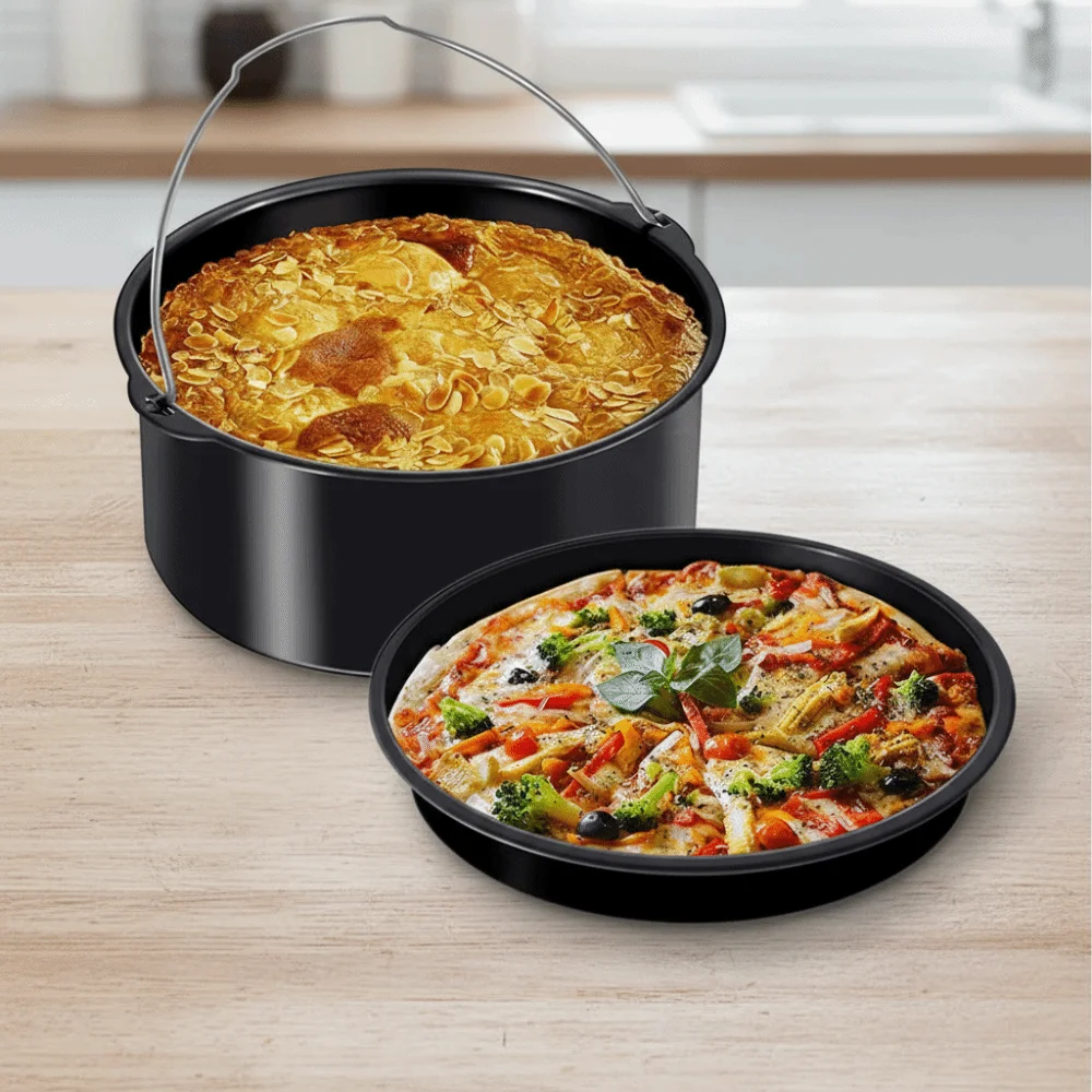 6/7/8/9 بوصة مقلاة هوائية مجموعة مقلاة خبز غير لاصقة من الفولاذ الكربوني صينية خبز سوداء مع مقبض مقلاة هوائية وعاء دجاج مشوي