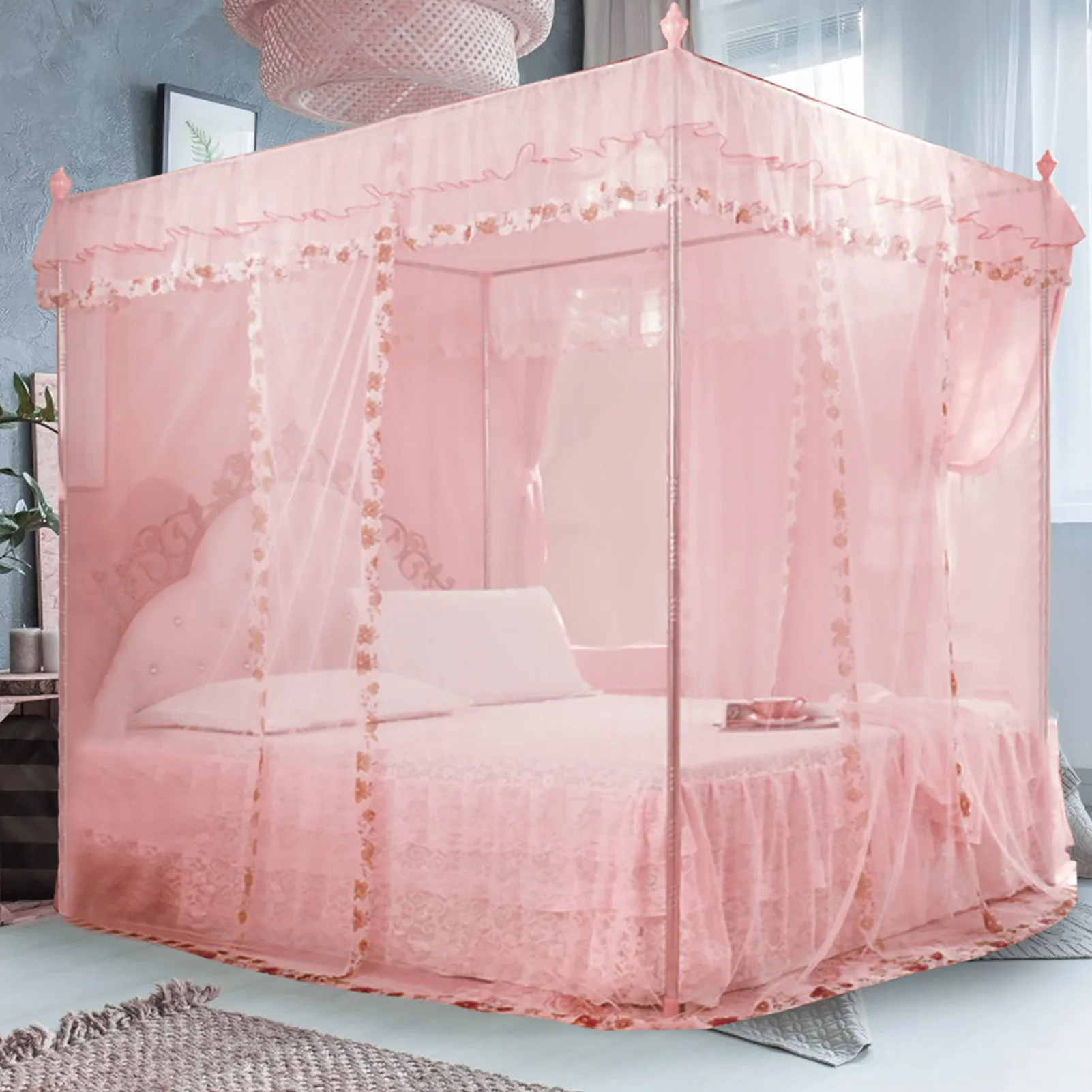 Luxury Princess 3 Side Openings Post Bed Curtain Canopy Netting Mosquito Net Bedding