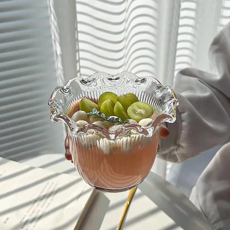 Cuenco de cristal transparente para postre, 450ML, encaje Vertical, ensalada de frutas, desayuno, jarabe, cuenco de avena Dim Sum