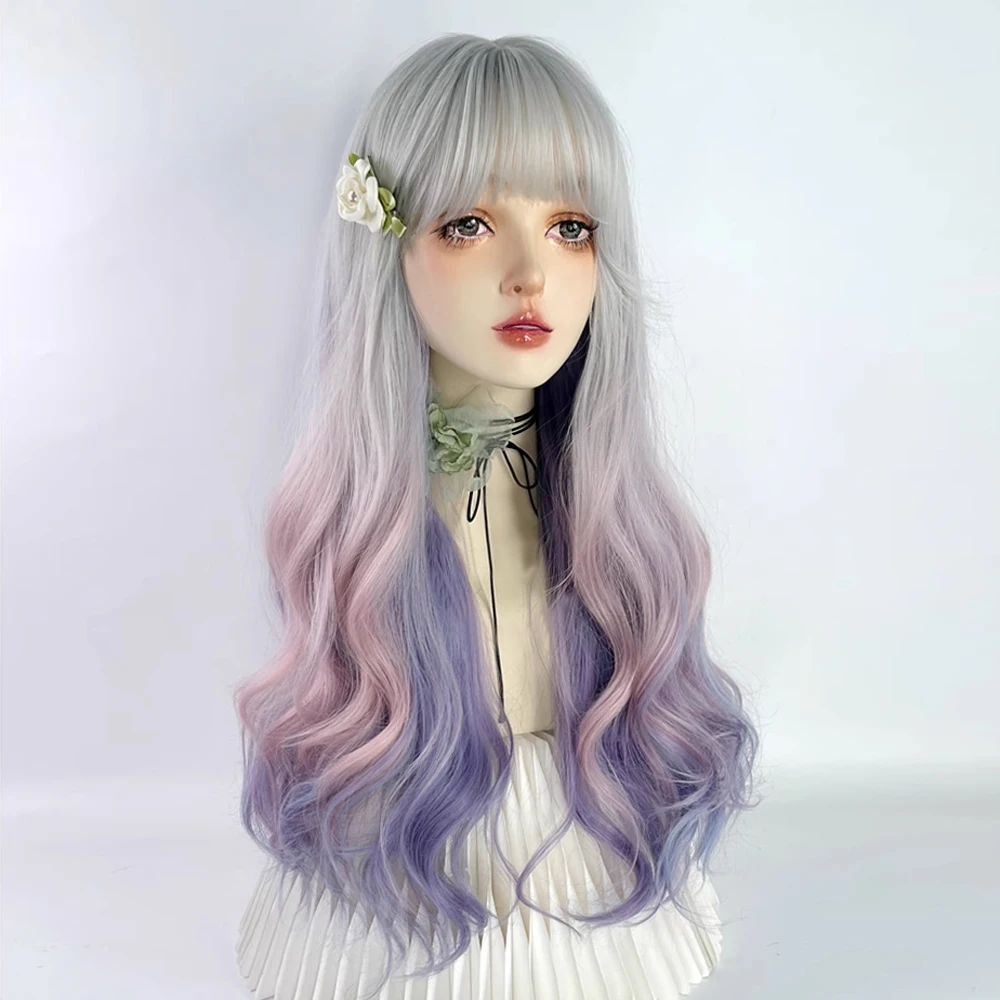 Lolita Ombre Pink Purple Gradient Rainbow Synthetic Long Wavy Women Wig with Bangs Fluffy Hair Wig for Party Cosplay