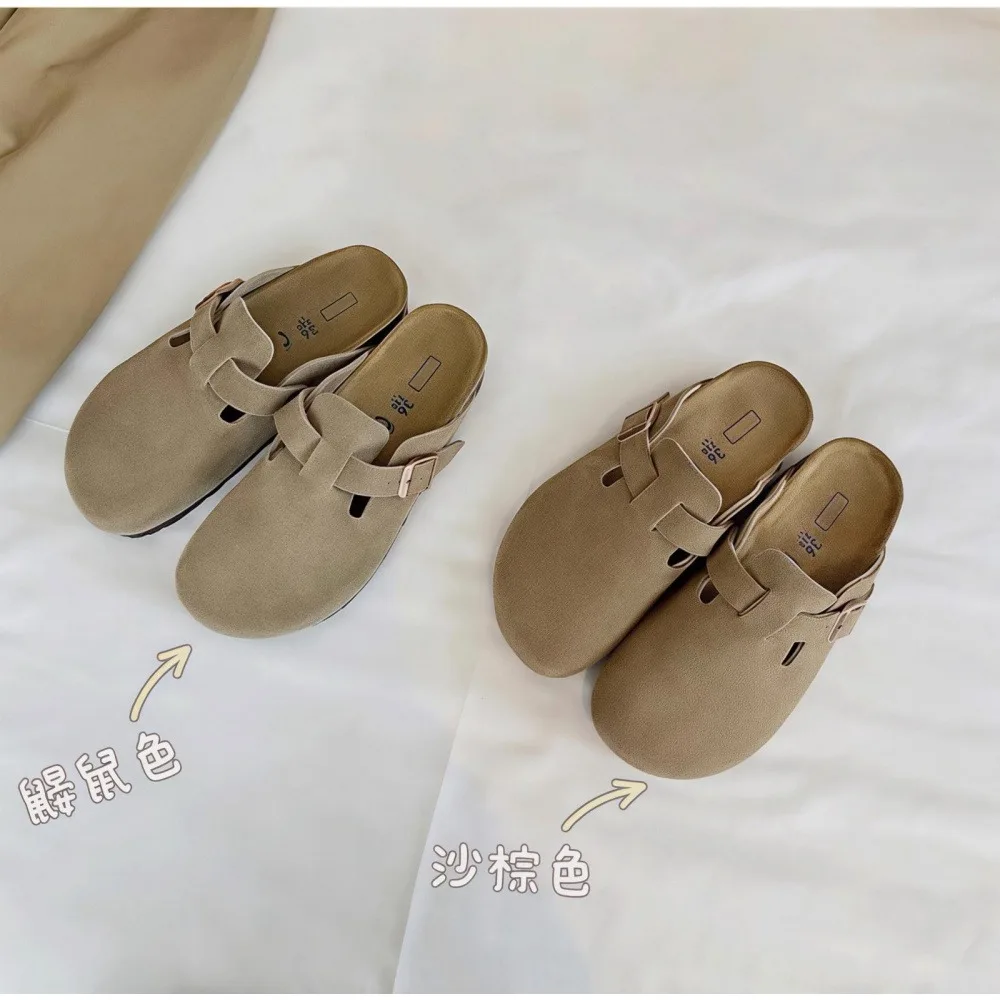Women's Cork Footbed Clogs, Suede Leather Slip-on Mules, Comfortable Closed Toe Sandals for Summer