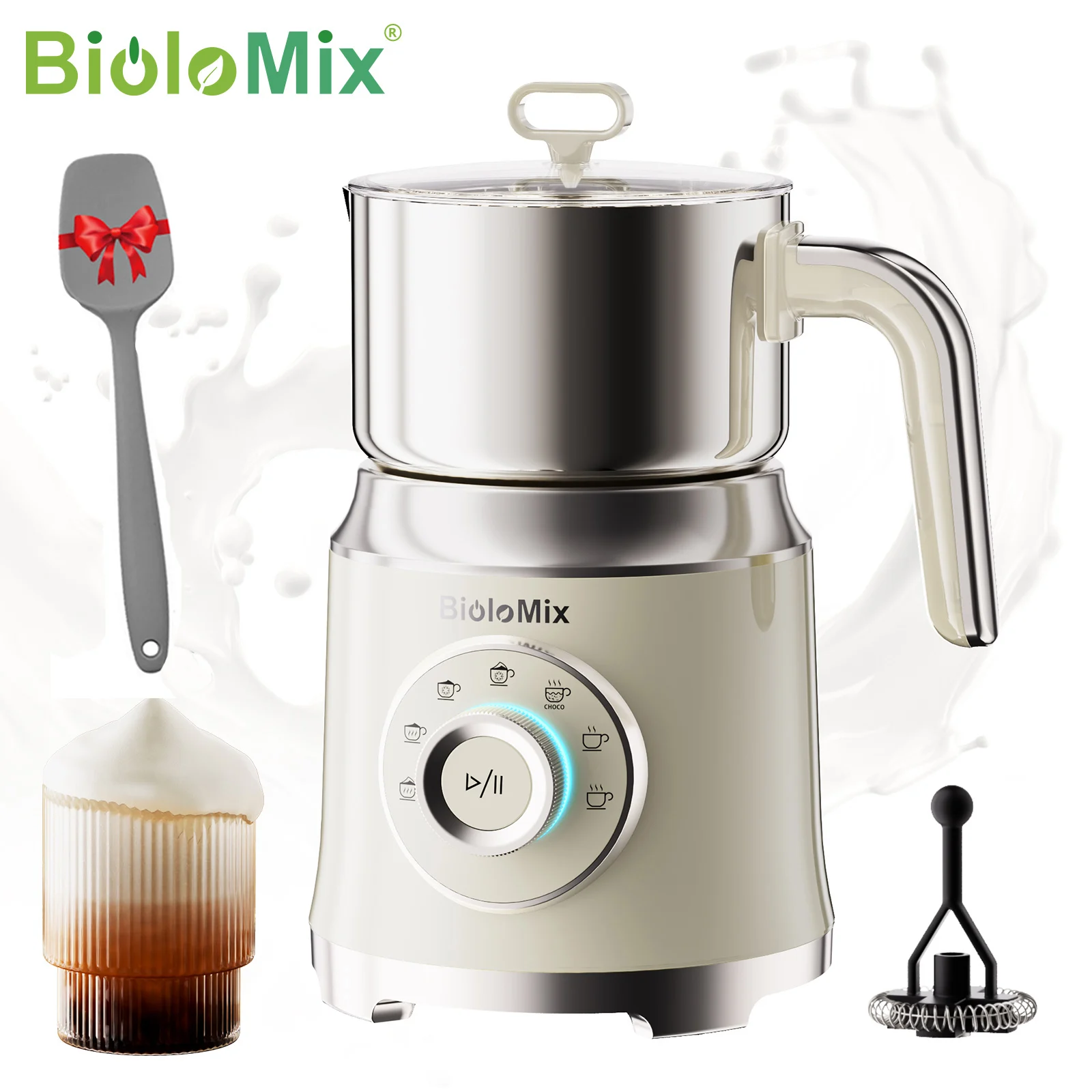 BioloMix 7-in-1 Abnehmbarer Elektrischer Milchaufschäumer Automatischer Heiß-Kalt-Schaum-Maker für Kaffee und Heiße Schokolade