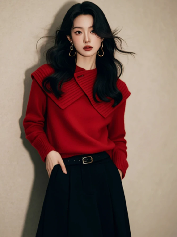 

Модный женский вязаный свитер с асимметричным воротником и длинными рукавами, свободный, универсальный, стройнящий, простой дизайн