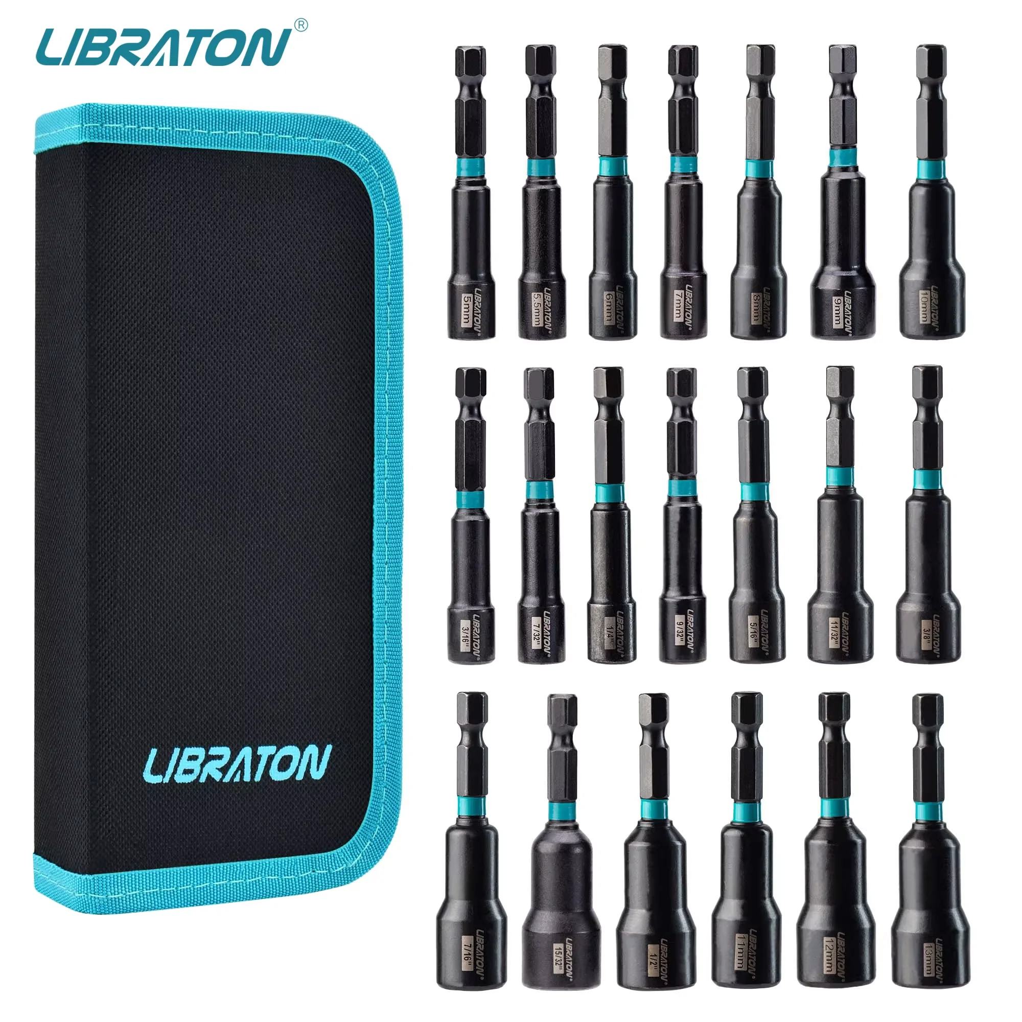 LIBRATON Magnetic Nut Driver, 20PCS Impact Drill Driver Bit Set 1/4 Metric 5-13mm & SAE Nut Driver 3/16''-1/2'' For Repair