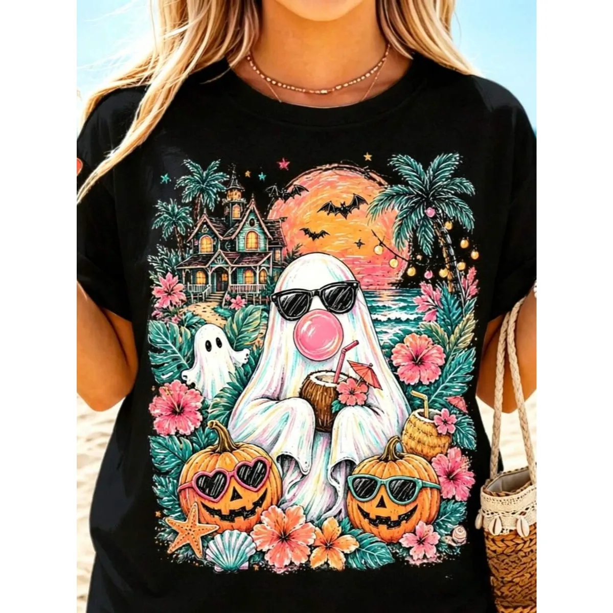 2026 New Arrival Women's Halloween Ghost Print T-Shirt, Ghost Pumpkin Castle Moon Black Cat Pattern, Round Neck Loose Soft Short Sleeve, Beach Casual Outfit Basic Top T-Shirt