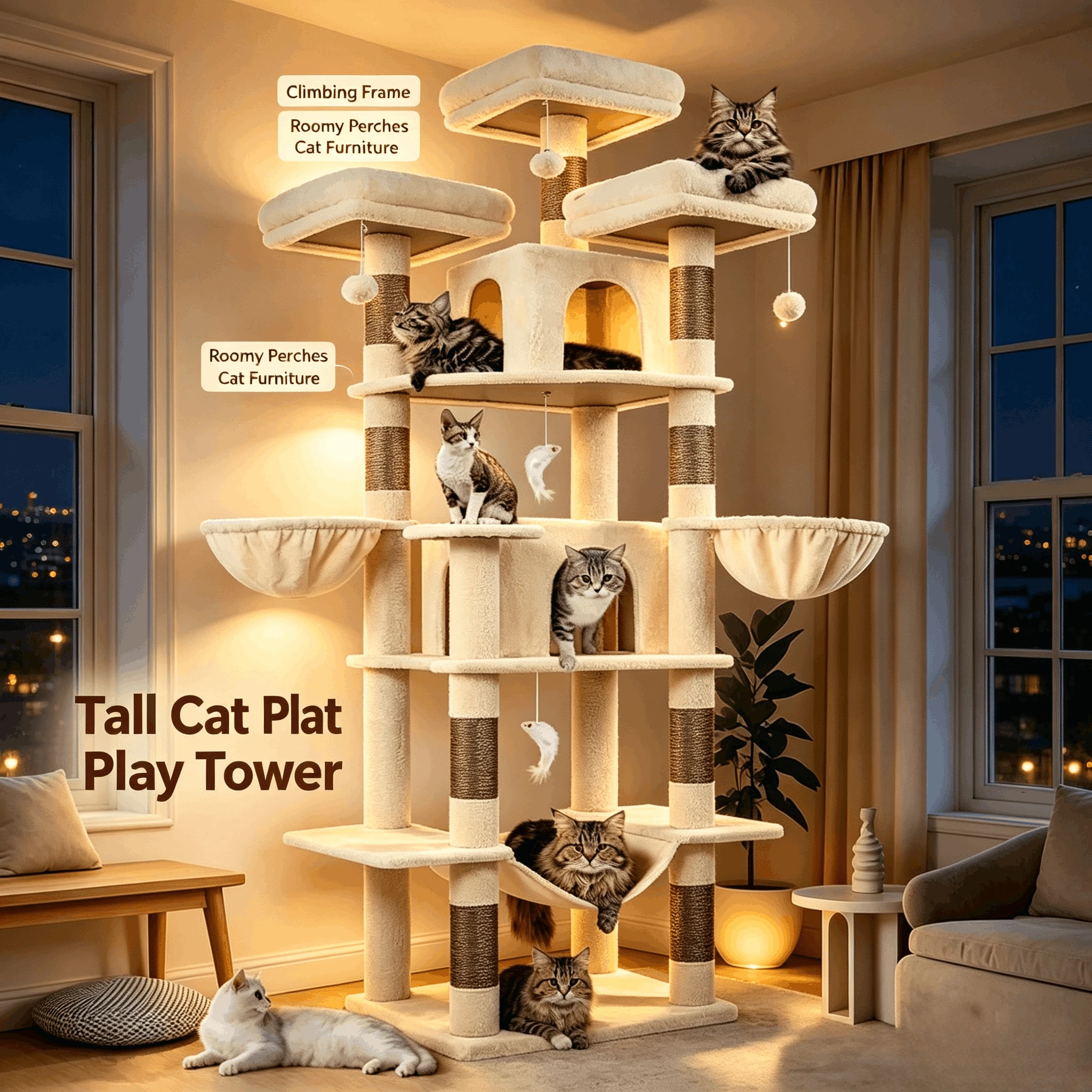 55×45×204cm Large All-in-One Cat Tree with Cat Bed, Space Saving Cat Tower with Jump Platform, Indoor Pet Furniture for Cats