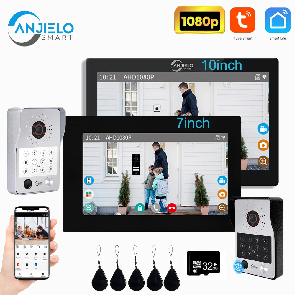 Anjielo tuya 1080P 7/10 インチタッチモニター指紋ロック解除ビデオインターホンドアベルセキュリティシステムヴィラホーム用