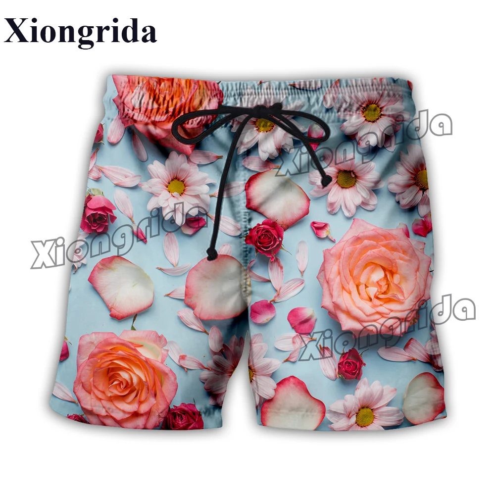 Mens Flower Rose Print Board Shorts 3D High Waist Elastic Waist Casual Shorts Summer Harajuku Swimming Trunk Beach Shorts