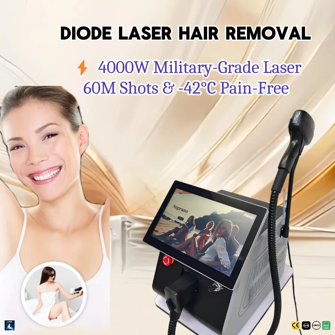 

Сертификация CE Сопрано Титановый диодный лазерный аппарат для удаления волос 4000 Вт Портативный 1064 755 940 808 нм Ледяное охлаждение Безболезненное