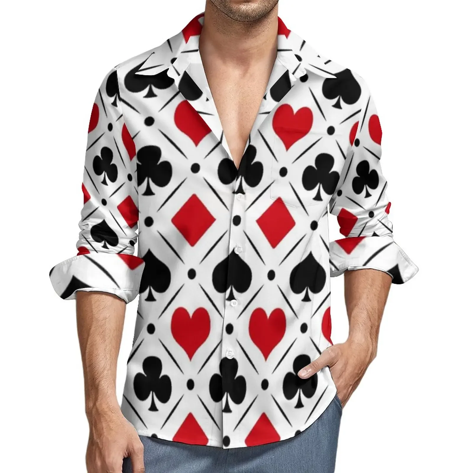 Simboli di Poker camicie Casual abiti da carte da gioco maschili camicia manica lunga trend camicette divertenti abbigliamento grafico primaverile taglie forti