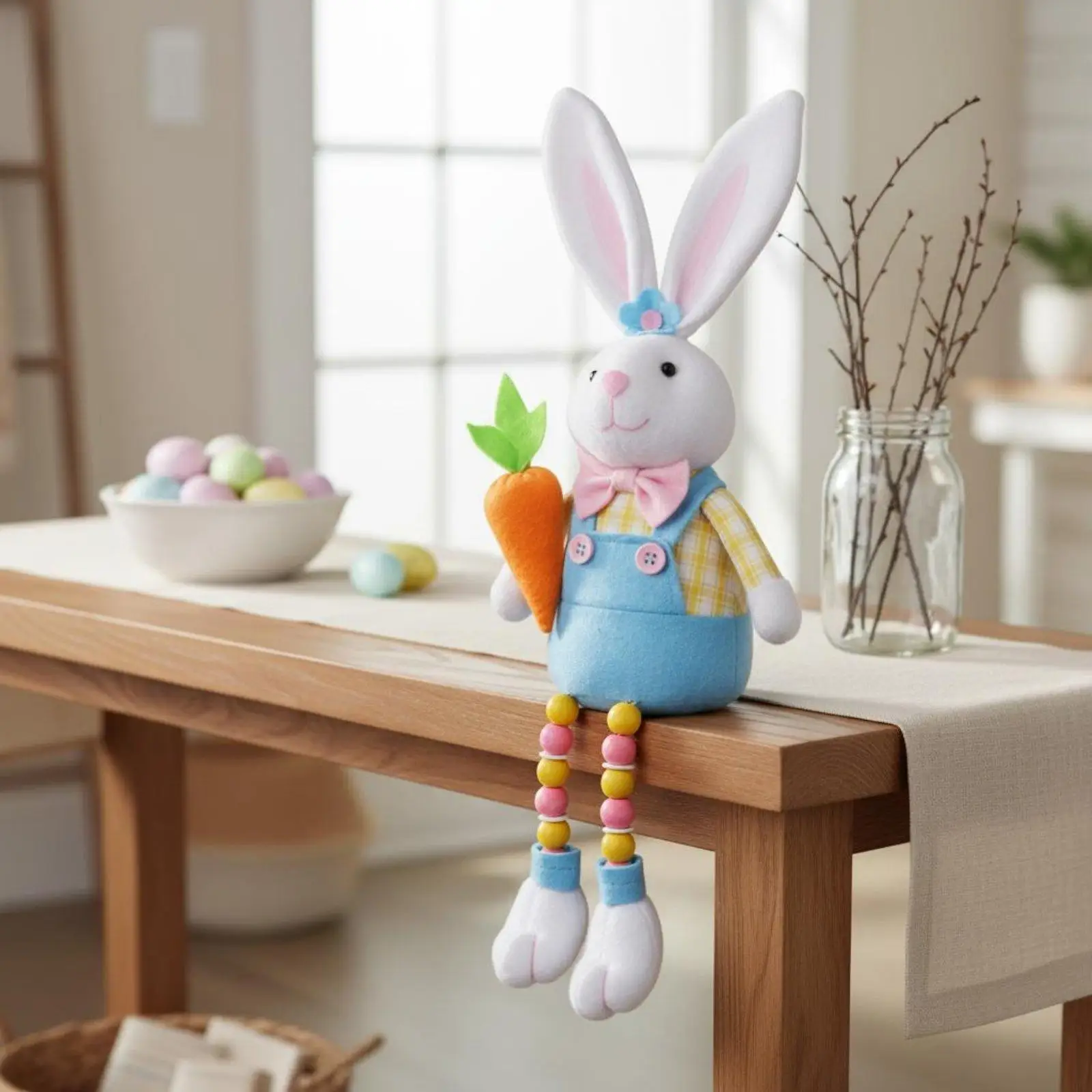 Non Woven Easter Bunny Figurine Duo with Carrot and Blossom for Farmhouse Shelf Decor Miniature Rabbit Decor Figurine