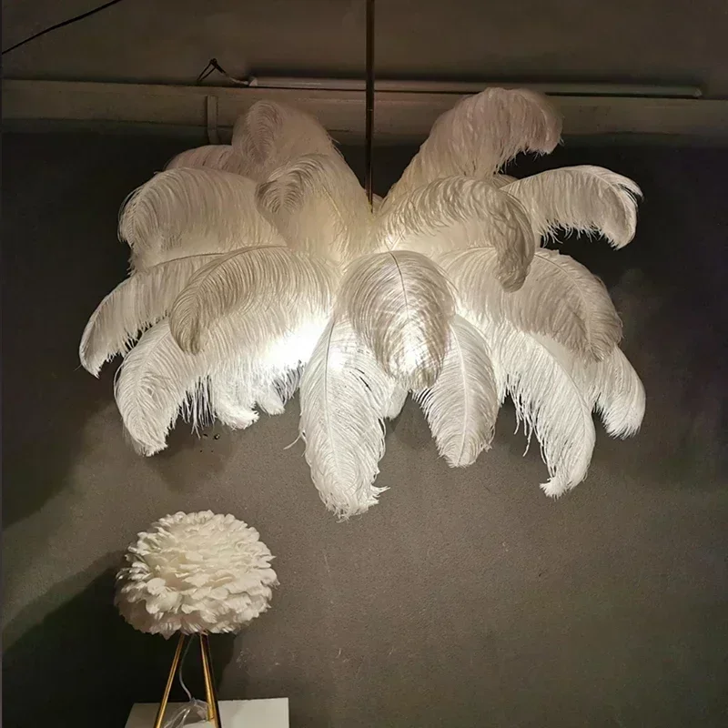 Nordic Ostrich Girl Ins Feather Art Living Room Chandelier Bedroom Indoor Hanging Lamp Chandelier Home Decoration Ceiling Lamps