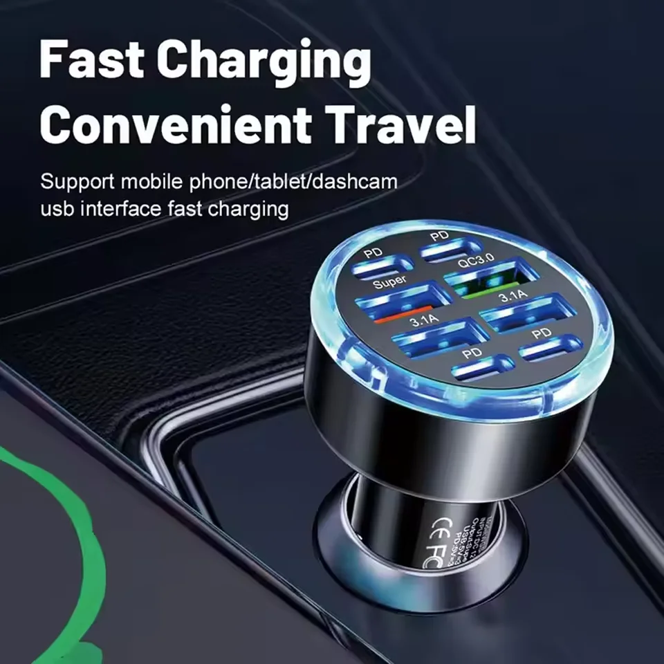 8 Port Car Charger with 3-Fold Stand Data Cable, PD QC3.0 Fast Charging USB C Car Phone Charger Adapter for iPhone 17 16 Samsung
