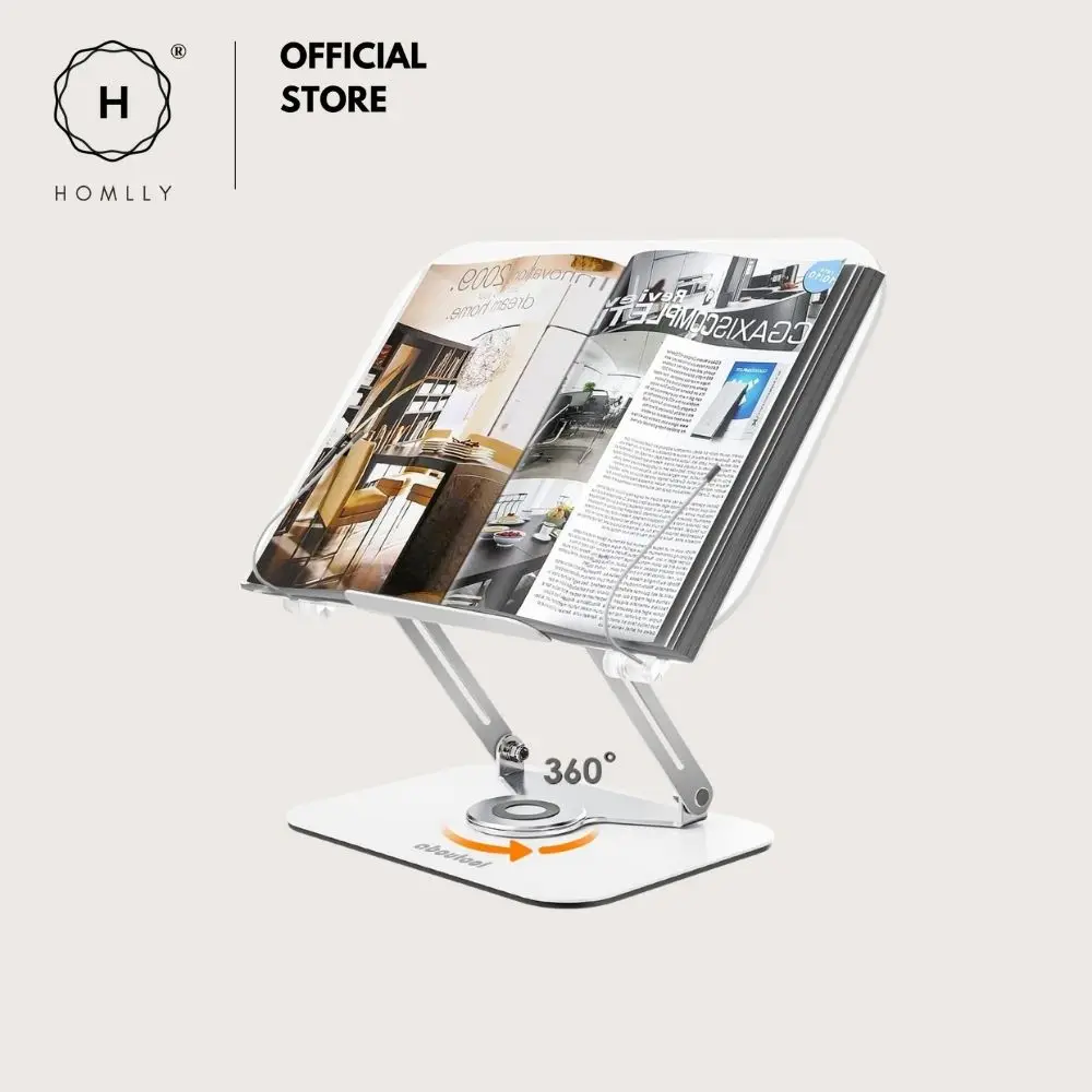 Homlly HandsFree Adjustable Foldable Book Holder with360Degree Rotating Base&Page Clips for Book, Sheet Music, Laptop & Recipe