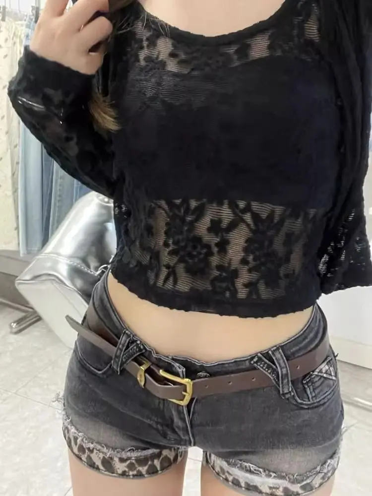 アメリカのセクシーなレトロショートジーンズ女性カジュアルヒョウ柄ヴィンテージ Y2K ソリッドカラージッパーローウエストボディコン夏ストリートウェア