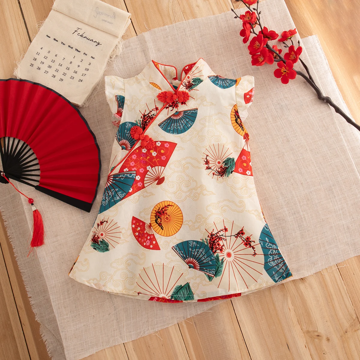 Gaun Anak Perempuan Balita Qipao Merah Katun Lengan Terbang Print Gaya Cina Musim Panas Cheongsam Bayi 0-2 Tahun