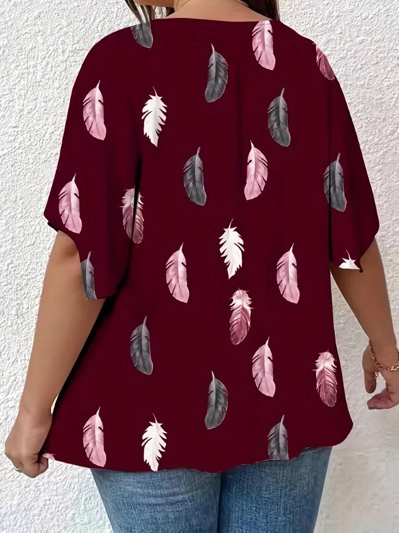 Plus Size 1XL-8XL moda damska z dekoltem w szpic dzwonkowy rękaw t-shirt damski nadruk z piór lekko rozciągliwy, swobodny topy