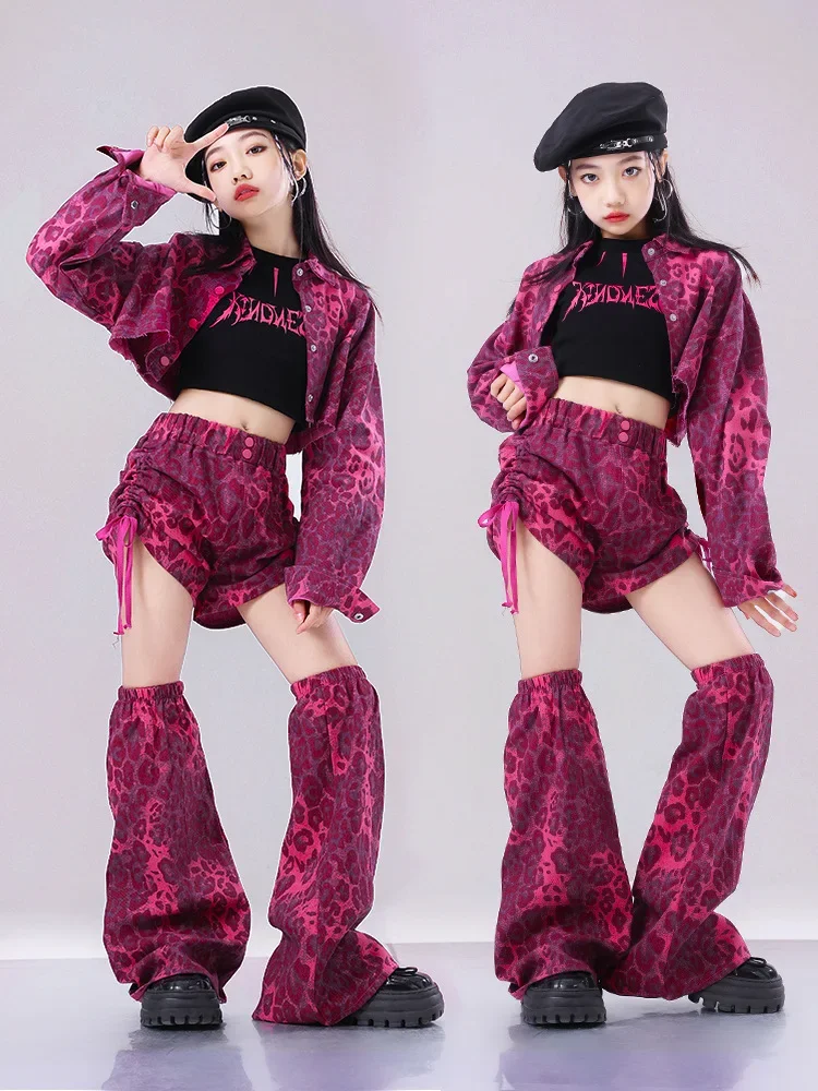 Camisa corta de leopardo rosa, pantalones cortos con cordones, calentadores de piernas, pantalones anchos, Ropa de baile de Jazz para niña, ropa de disfraz, ropa de Hip Hop para chico