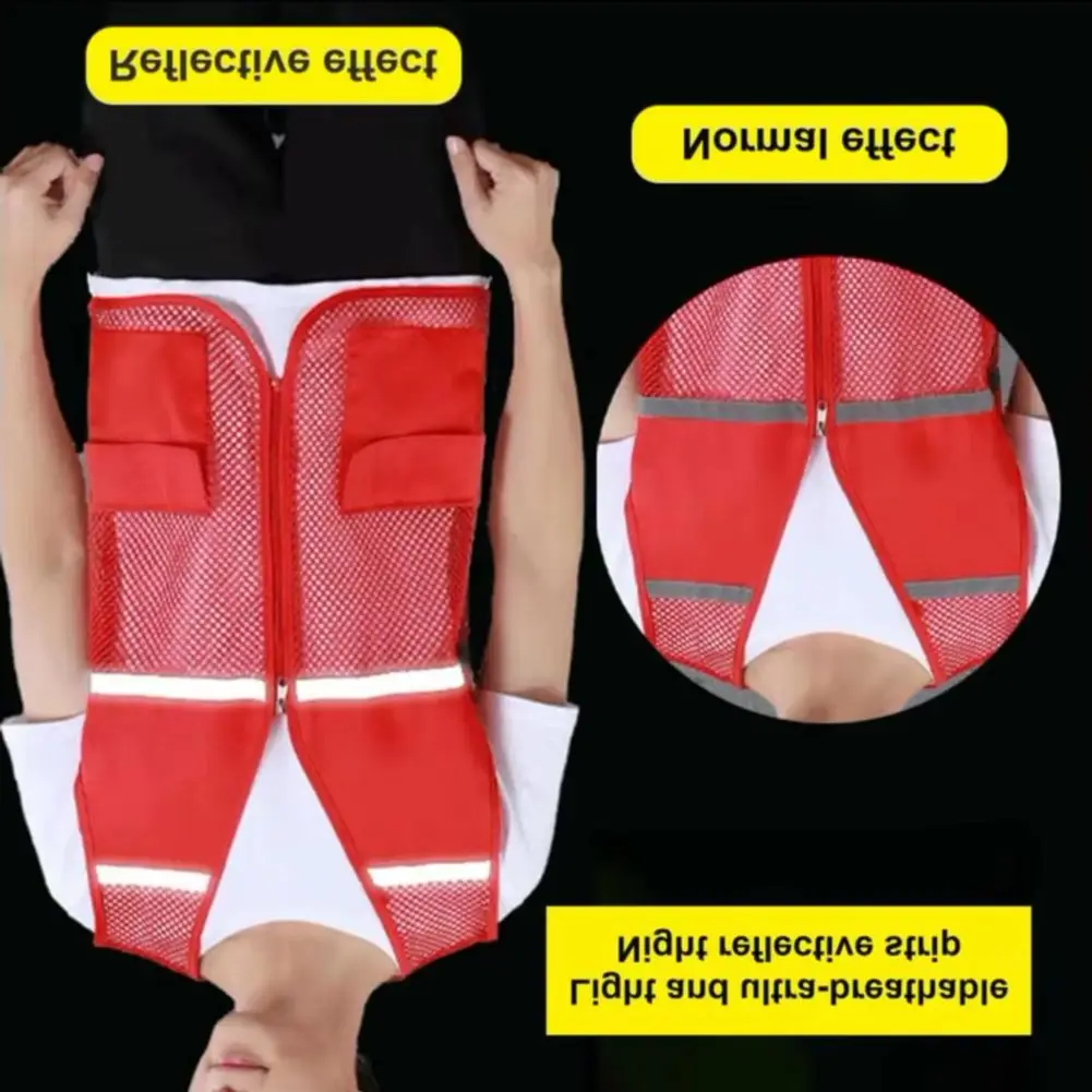 Work Vest Double Pocket Sleeveless Reflective Strip Breathable Solid Color Men Women Summer Mesh Volunteer Waistcoat Outdoor Act