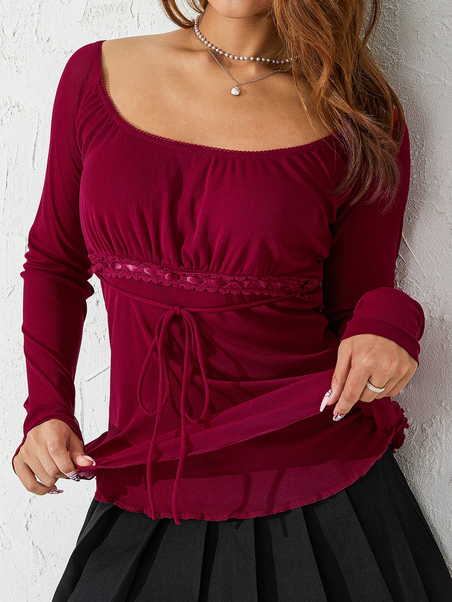 T-shirts Vintage en dentelle à volants pour femmes, automne Fairycore Grunge Kawaii, pulls à manches longues, T-shirts à nouer, vêtements esthétiques rétro y2k