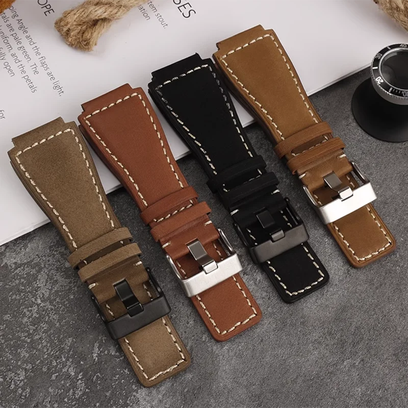 35-24mm convex cowhide band For Bell Ross B&R BR-01 BR-03 Men Genuine leather watchband silicone rubber waterproof watch strap