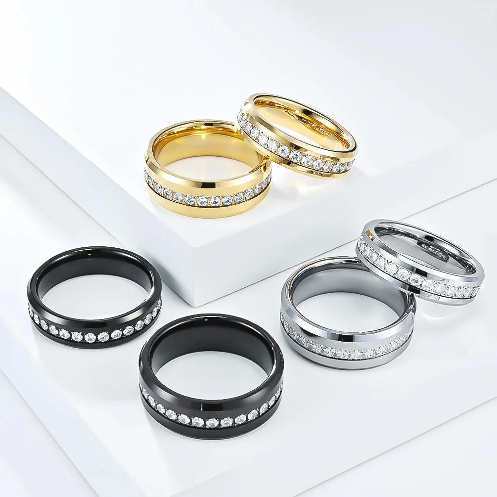 

Circle Zircon Tungsten Steel Ring Wedding Promise Band Ring Couple Jewelry