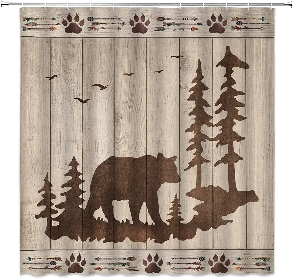 Bear Shower Curtain Wild Animals Rustic Cabin Forest Farmhouse Country Lodge Claw Hunting Wood Plank Bathroom Curtains with Hook