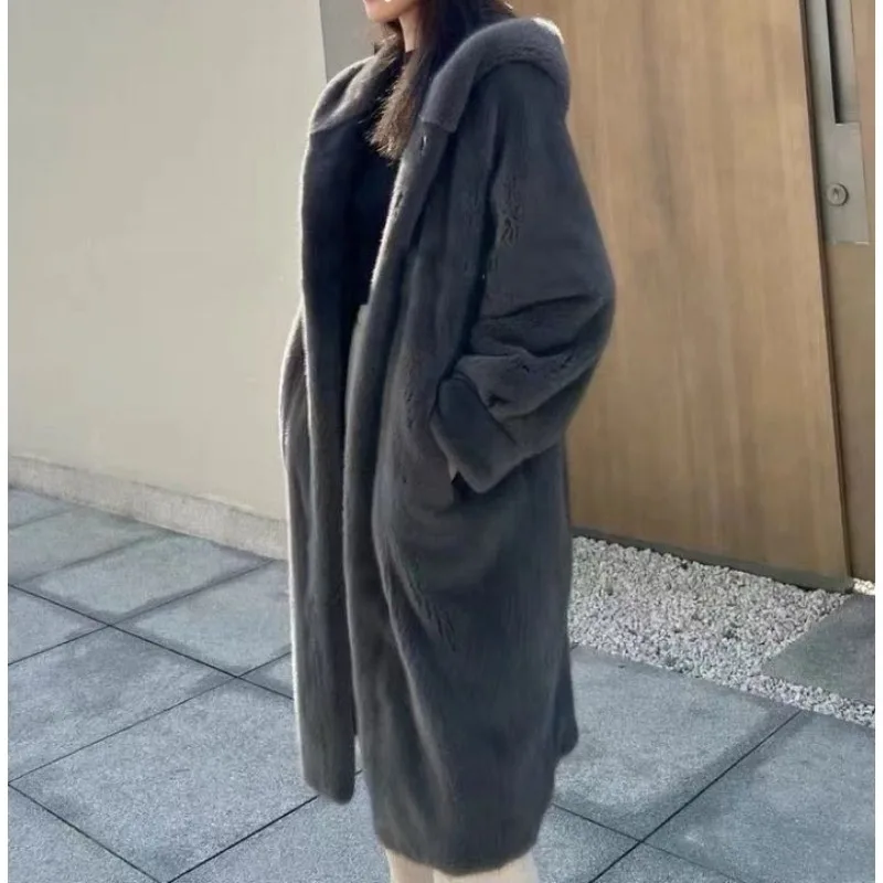 Abrigo de piel largo y grueso con capucha y forro de piel para mujer, abrigo de piel de Año Nuevo rojo Ankor para mujer, abrigo de piel de nuevo estilo para mujer