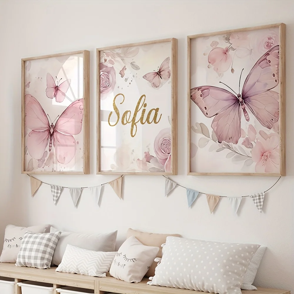 Rahmenlos [3 Stück Schmetterlings-Wandkunst] 3 Stück anpassbare Schmetterlings-Wandkunst-Poster – rosa und lila Blumen-Schmetterlings-Design, Persona