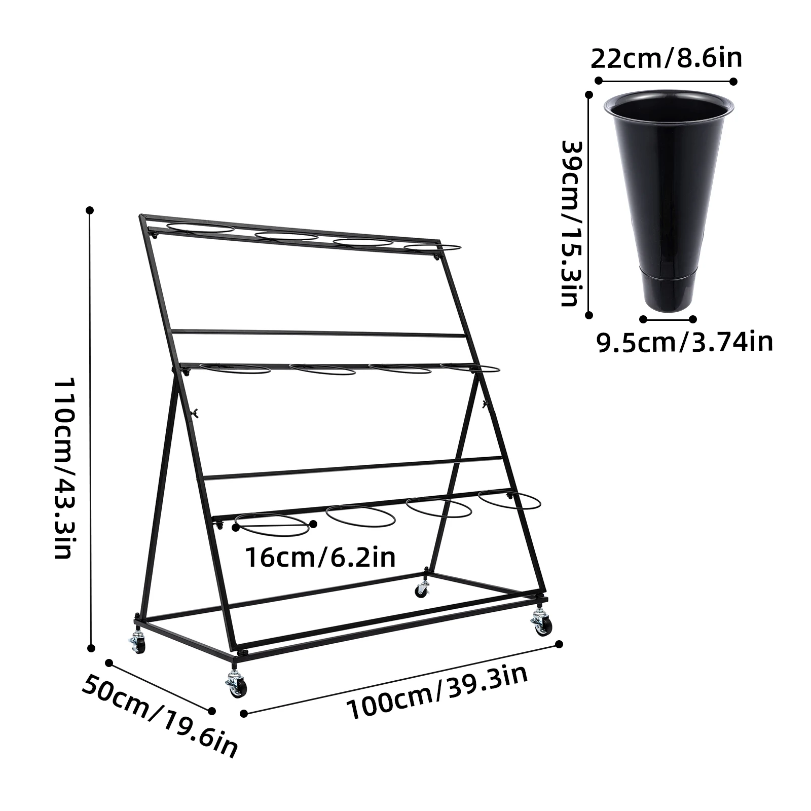 Flower Display Stand 3 Layers Metal Plant Stand with Wheels 12 x Tapered Buckets