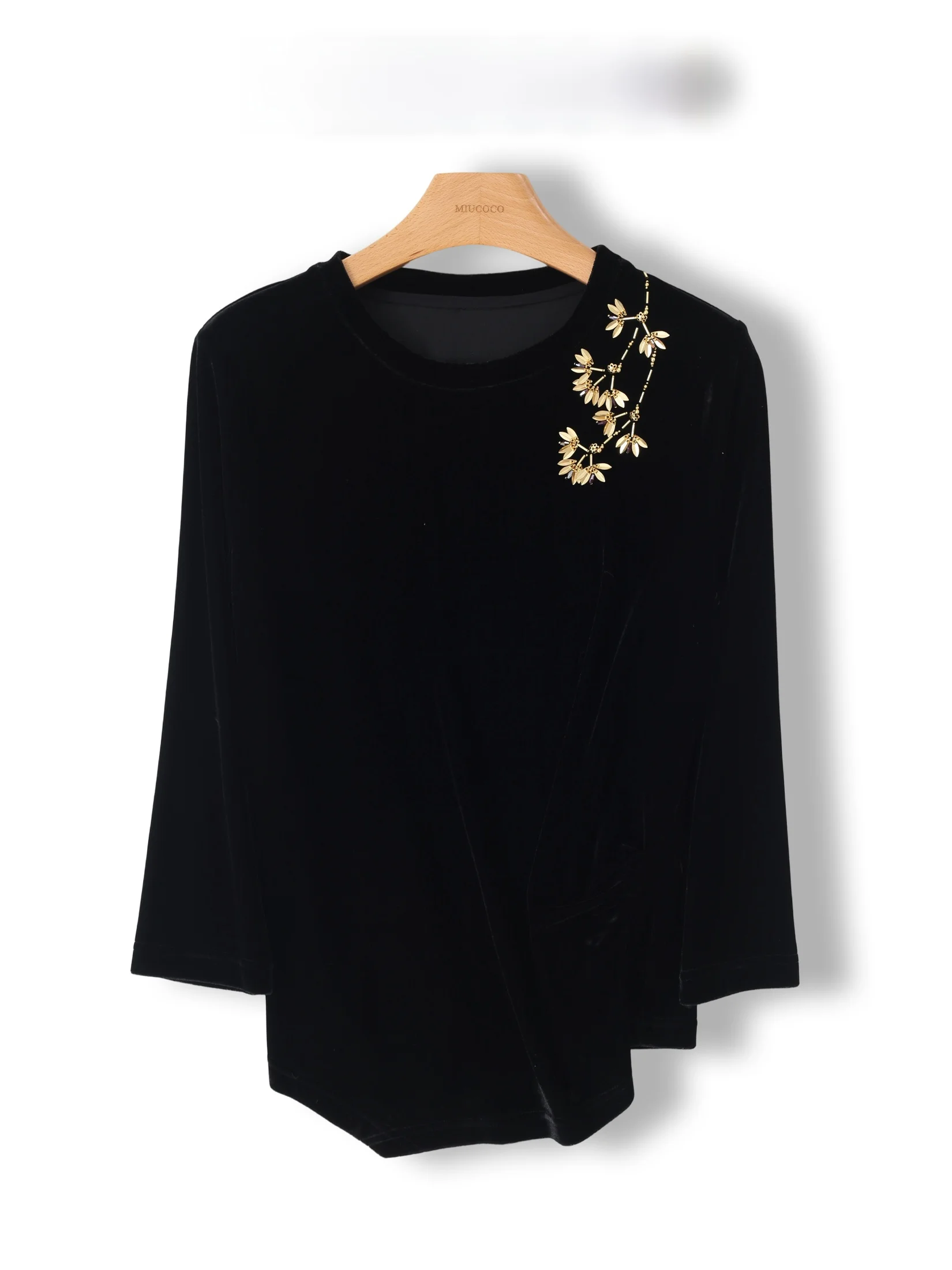 

Elegant Chinese Style Velvet Long Sleeve Black T-Shirt Women's Street Style Top plus Size Trendy round Neck Pullover Shirt