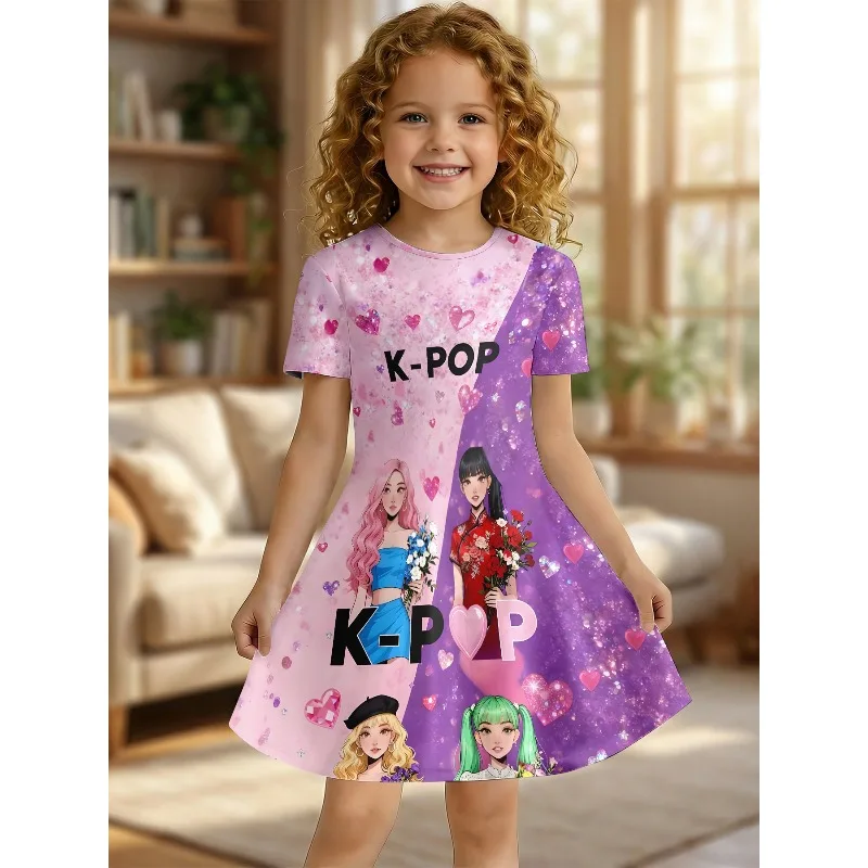 Girl K-POP Idol Group Printed T-shirt Dress, Pink Purple Sparkling Casual Dress, Suitable for Fans and Children's Birthday Gifts