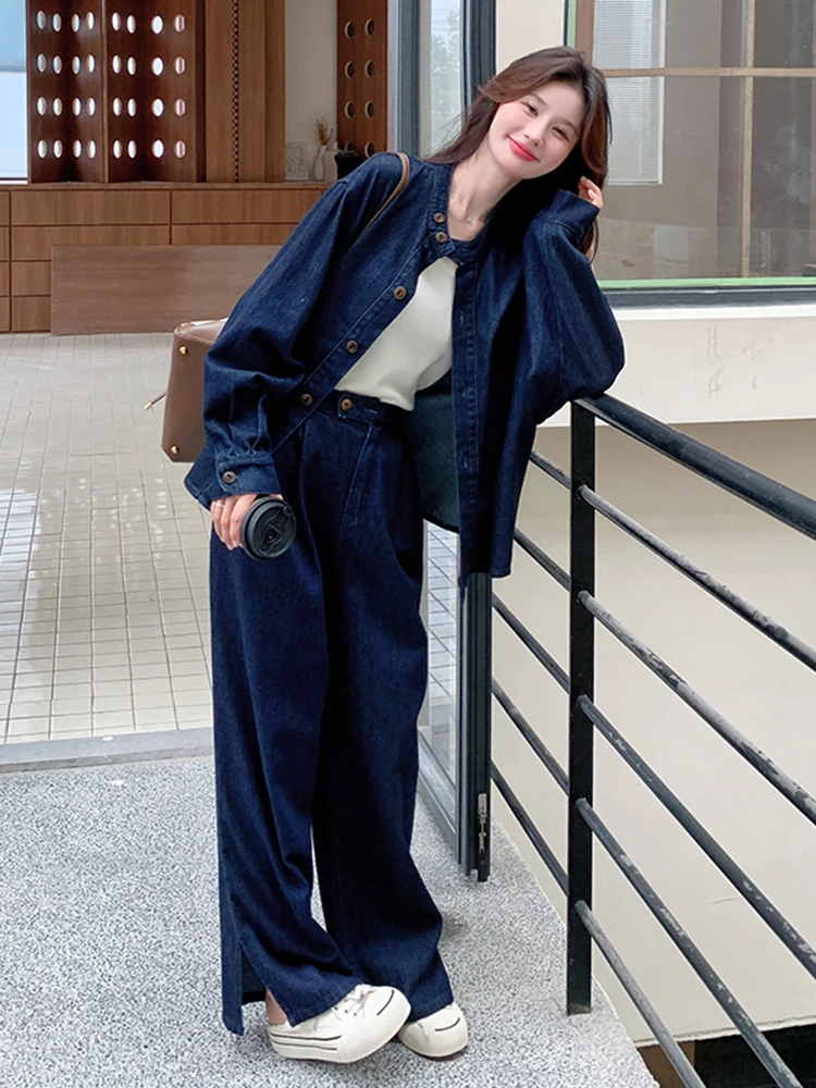 LANMREM Women Streetwear Denim Two-piece Set Stand Collar Long Sleeves Loose With Split Wide Leg Pants 2024 Autumn New 2Z2649
