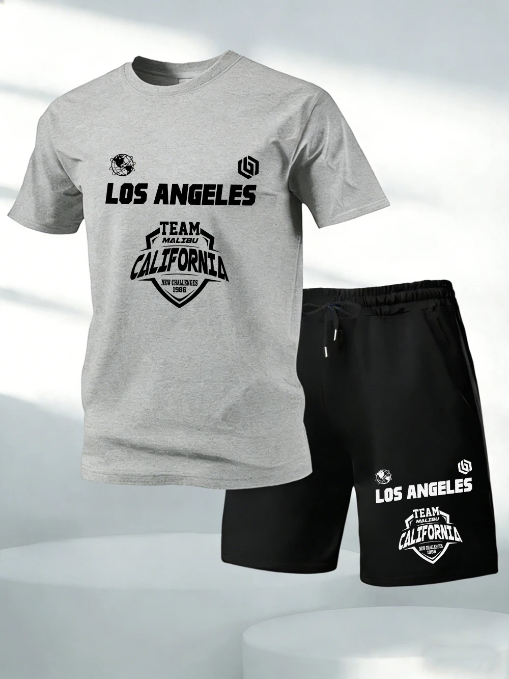 

Two Pieces Set Los Angeles California Team Print Cotton T-Shirts Pants Mens Oversize Soft O-Neck Tops High Waisted Pocket Shorts