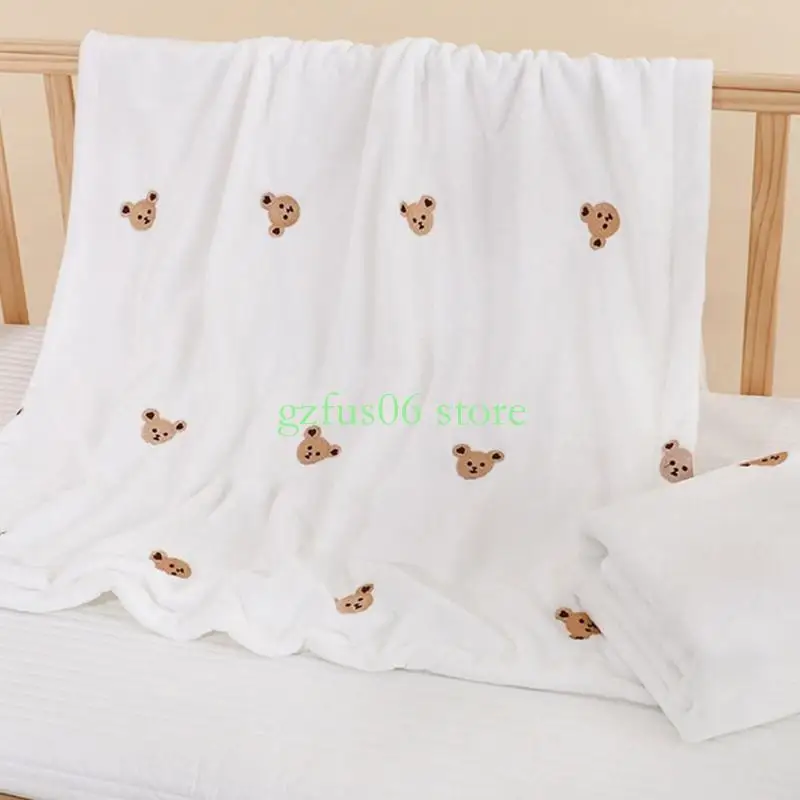 D5QF Flannel Blanket Bear Embroidery Blanket Large for Children Featuring