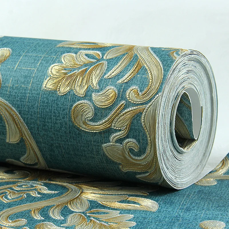 American Style Blue Damask 3D Embossed Wallpaper Luxury Bedroom Living Room Striped Wall Paper Floral papel de pared