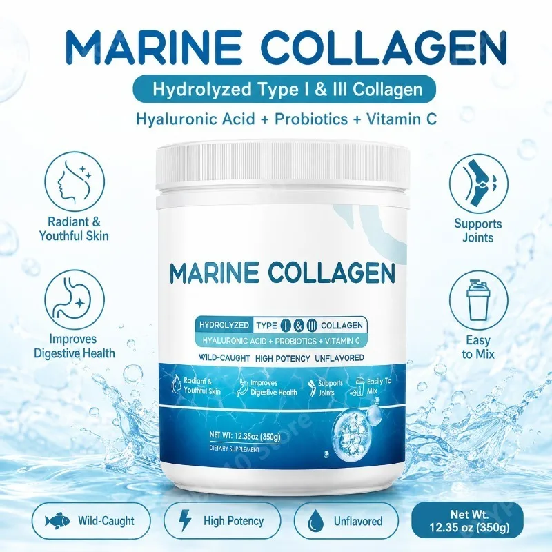 Marine Collagen Peptides Powder Type I III Collagen with Probiotics Vitamin C Hyaluronic Unflavored  12.35oz/35 Servings