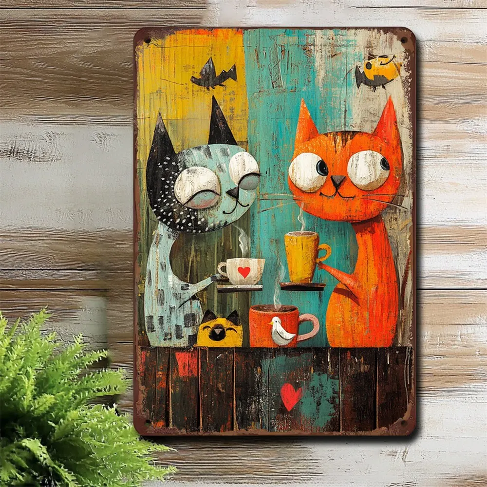 Vintage Abstract Cartoon Cats Drinking Coffee Art Metal Tin Sign Iron Painting Retro Distressed Wall Plaque for Kitchen Cafe Hom