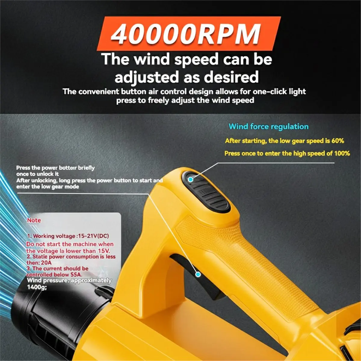 New Electronics Cordless Turbofan Blower for 20V Battery 40000RPM 1200W Brushless Handheld Leaf Blower for Patio Snow Blowing
