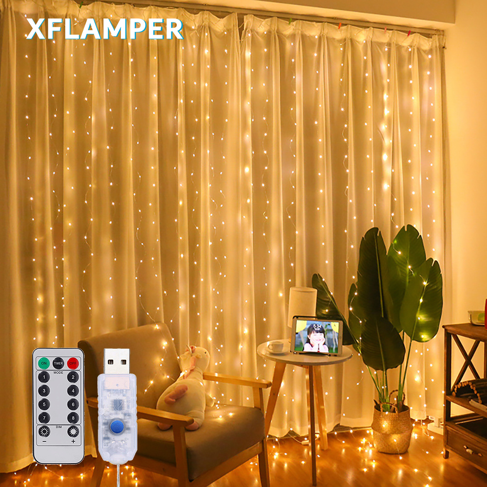  3M USB Window Curtain Lights Remote Control 8 Modes Garland for Christmas Wedding Party Holidays Bedroom Decoration