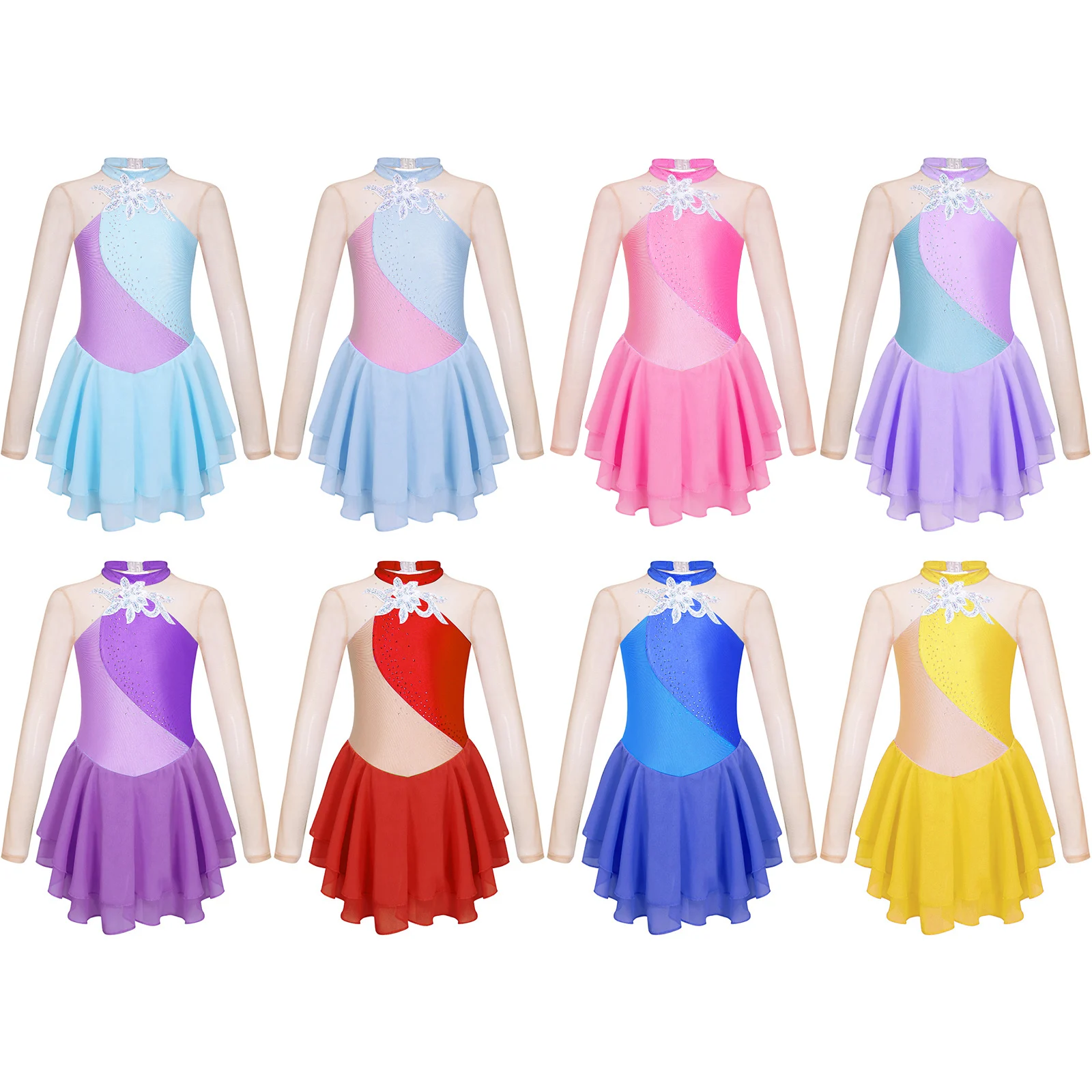 Kinder Mädchen Ballett Tanz Kostüm Glänzende Pailletten Langarm Runde Kragen Figur Skating Dance Kleid Gymnastik Overall Dancewear