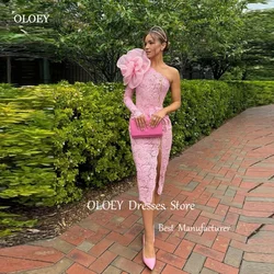 Giyu Pink Princess Lace Short Tea Length Evening Party Dresses One Shoulder Long Sleve Flowers Split Arabic Lady Wedding Party